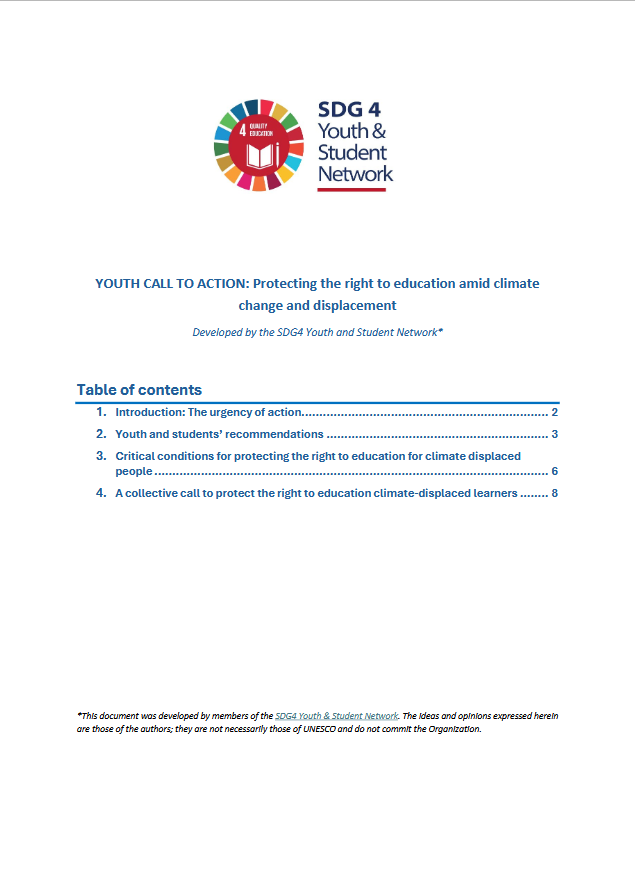 Youth call to action protecting the right to education amid climate change and displacement